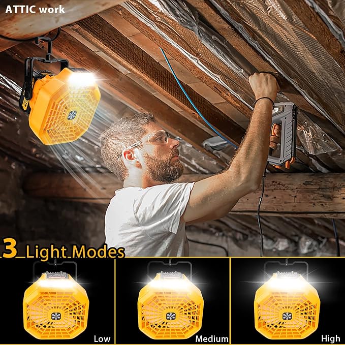 Taingwei Portable Fan with Remote for Dewalt 20v 60v Battery,Battery Operated Fan with 3 Energy Efficient Speed Settings and Dimmable Led Light for Camping,Emergency and Job Site(Tool Only)