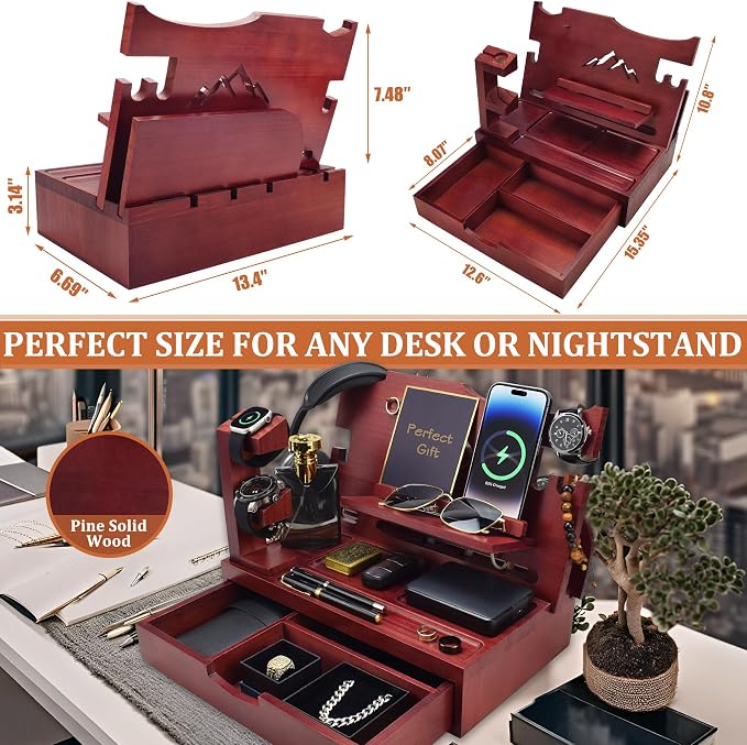 Nightstand Organizer for Men with Large Drawer, Wood Phone Docking Station for Phone, Apple Watch, Wallet & Keys, Ideal Birthday Gift for Father Husband, Bedside Desk Organizer (Mahogany)