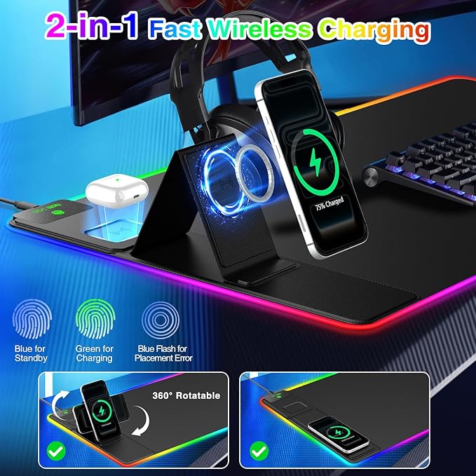 XXL RGB LED Gaming Mouse Pad with Magnetic Wireless Charger & Foldable Phone Holder, 31.5"x15.8" Extended Ultra-Smooth Desk Mat, 25 Lighting Effects, Non-Slip Base, Includes 20W PD Adapter