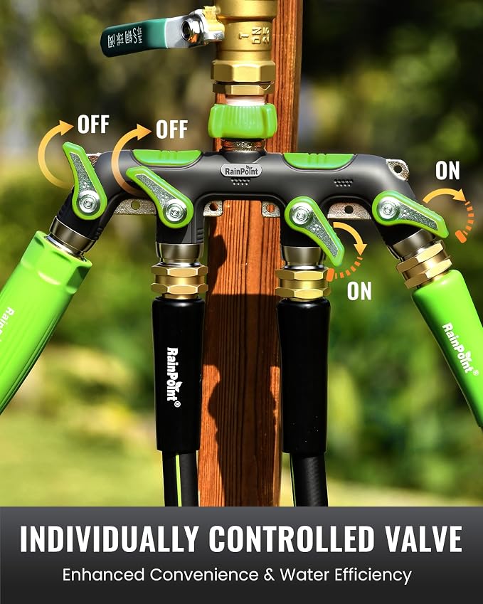 RAINPOINT Sprinkler Hose Timer with 4 Way Heavy Duty Metal Hose Splitter Programmable Watering Timer and 3/4 Inch GHT Spigot Splitter with Individual Shut Off Valves for Faucet and Drip Irrigation