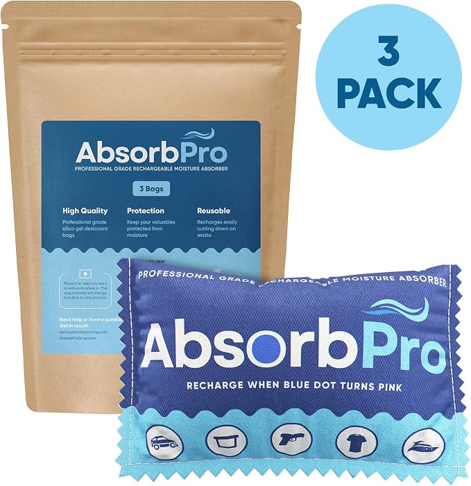 Absorb Pro Rechargeable Dehumidifier Bag 3-Pack - 100g Reusable Moisture Absorbers - Silica Gel Packets for Bins, Totes, Gun Safe, Food Storage, Clothes, Cars, and Boats