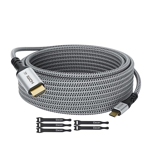 Elecan USB C to HDMI Cable 20 Ft, 4K@60Hz HDR, Gold-Plated Braided High-Speed USB 3.1 Type-C to HDMI 2.0 Cord Thunderbolt 3 Compatible for Galaxy MacBook Pro/Air iPad Pro Surface Dell HP with 5 Ties