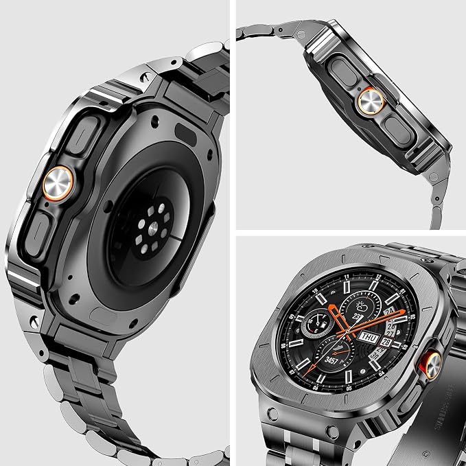 BAITEYOU Stainless Steel Bands with Case Compatible with Samsung Galaxy Watch Ultra 2/1 47mm (2025 2024), Rugged Protector Cover Metal Band for Galaxy Watch 7 8 Ultra for Men (Grey)