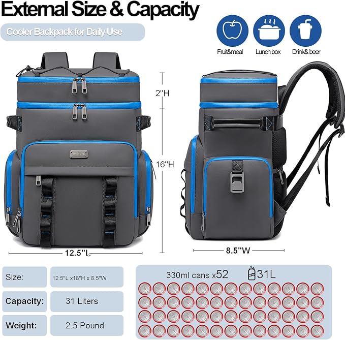 Weitars Insulated Cooler Backpack,Double Deck Waterproof Soft Cooler Bag,Backpack Coolers Leak Proof Lunch Backpack for Men Women for Travel,Camping,Picnic,Beach,Picnic,Outdoor 31L/52 Can