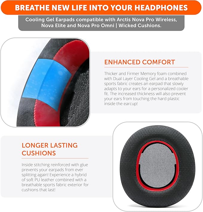 WC Freeze Nova Pro Wireless - Cooling Gel Earpads for Arctis Nova Pro Wireless, Nova Elite & Nova Pro Omni (Doesn’t Fit Other Models), by Wicked Cushions, Extra Thick & Comfortable | Red