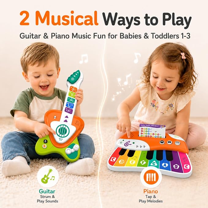 Toddler Guitar Toy 1-3, Baby Guitar with Touch Sensor Strings, 2 in 1 Guitar Piano Musical Toy for 1 2 3 Year Old Boys Girls, Educational Music Toy, Birthday Gift