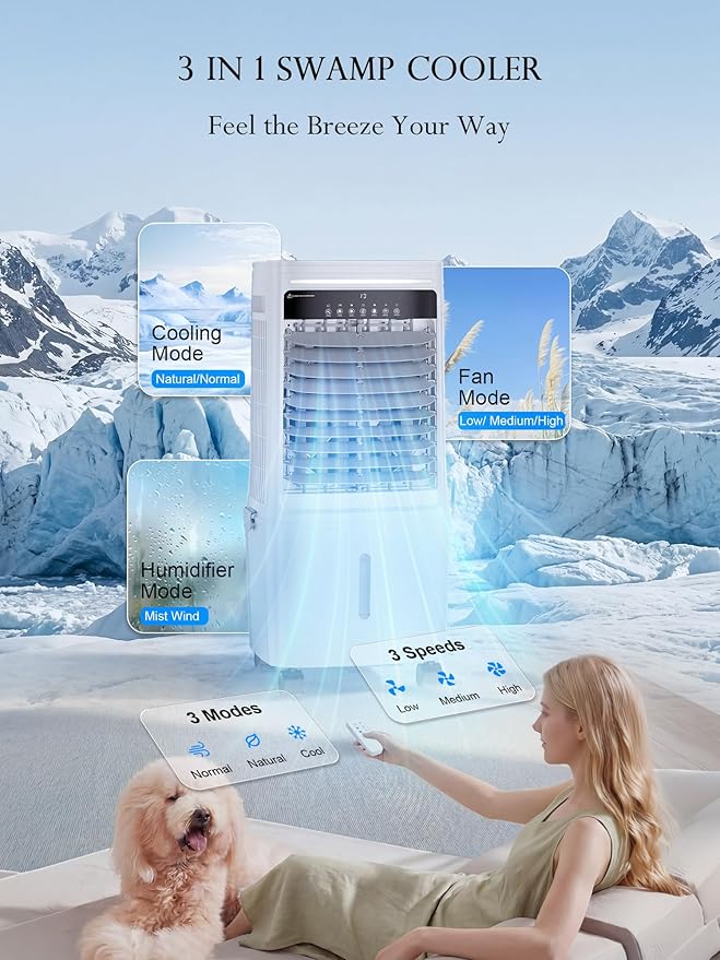 Uthfy 3000CFM Swamp Cooler Air Conditioner, Evaporative Cooler with Dual Water Tanks for 30H Cooling, 120° Oscillating, Ambient Light, 7.0 GAL Detachable Water Tank, 12H Timer, Portable AC for Bedroom
