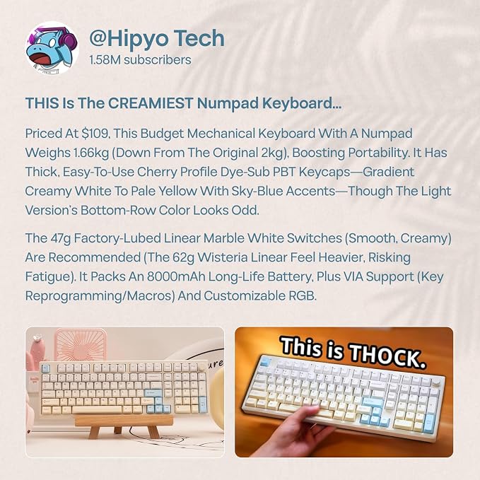 EPOMAKER Galaxy100 Lite QMK/VIA Gaming Keyboard with 8000mAh Battery and Numpad, 1800 Aluminum Mechanical Keyboard, USB-C/BT/2.4Ghz, Hot-Swap, Creamy Sound (Creamy White, Marble White Switch)