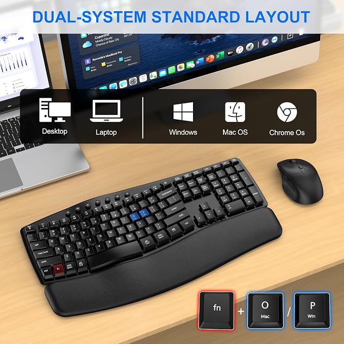 Ergonomic Wireless Keyboard Mouse Combo, EDJO Bluetooth/2.4G Dual-Mode Connection, Soft Foam Wrist Rest, Silent Typing, Waves Key Design and 3-Level DPI Adjustable Wireless Mouse for Windows, Mac OS