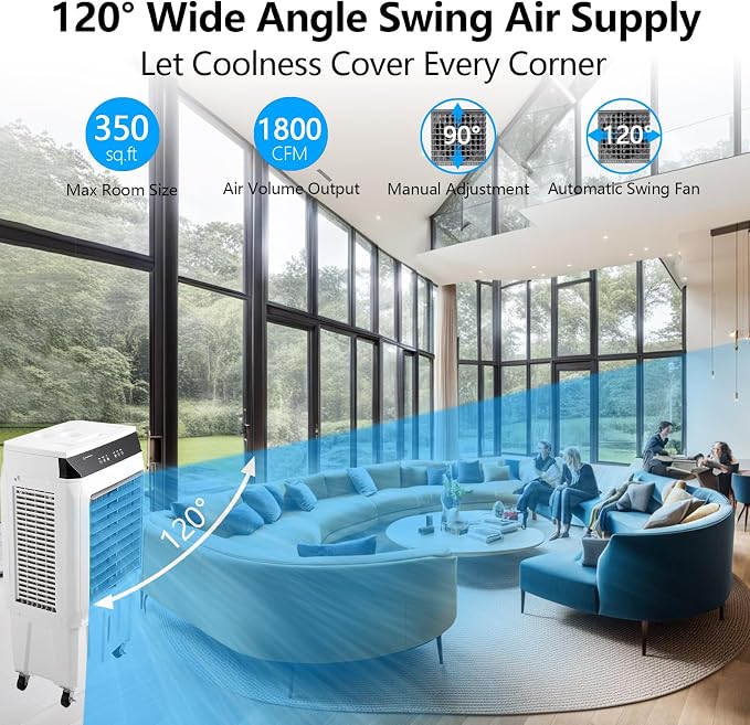 Takywep Evaporative Air Cooler, 1800CFM Swamp Cooler with Remote Control and 12H Timer, 4 Ice Packs, 3 Modes & Wind Speeds for Outdoor Indoor Use, 8.4 Gallon