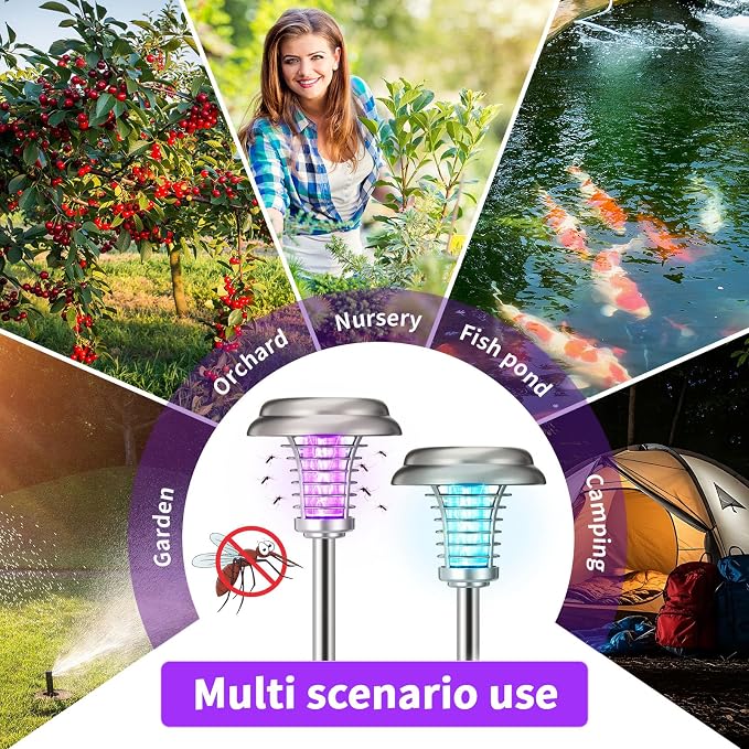 4 Pcs Solar Bug Zapper Outdoor Waterproof Mosquito Repellent light Solar Power Fly Killer lamps for Moths, Gnats, Fly, Small Flying Insect Backyard Garden Lawn (Stainless Steel,Purple & Colored Light)