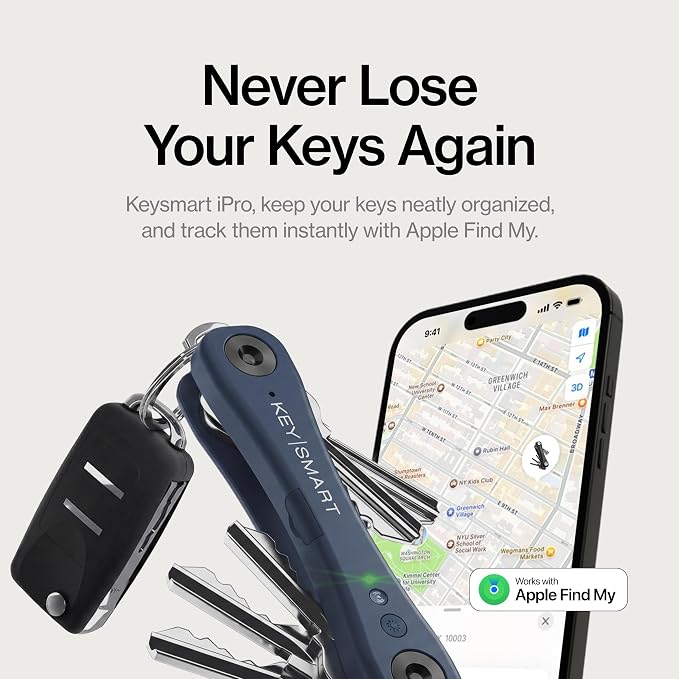 KeySmart iPro - Key Finder Locator with Sound, Keychain Key Holder, Apple Find My App Compatible, Key Organizer, Compact Clutter-Free Key Chain Tracker, Rechargeable Battery (Up to 14 Keys, Blue)