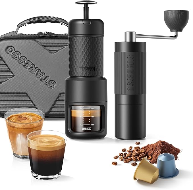 STARESSO 2026 Travel Kit, Portable Espresso Maker & Grinder Set, Dual Use for Ground Coffee & Pods, No Power Needed, Travel Case for Camping Hiking