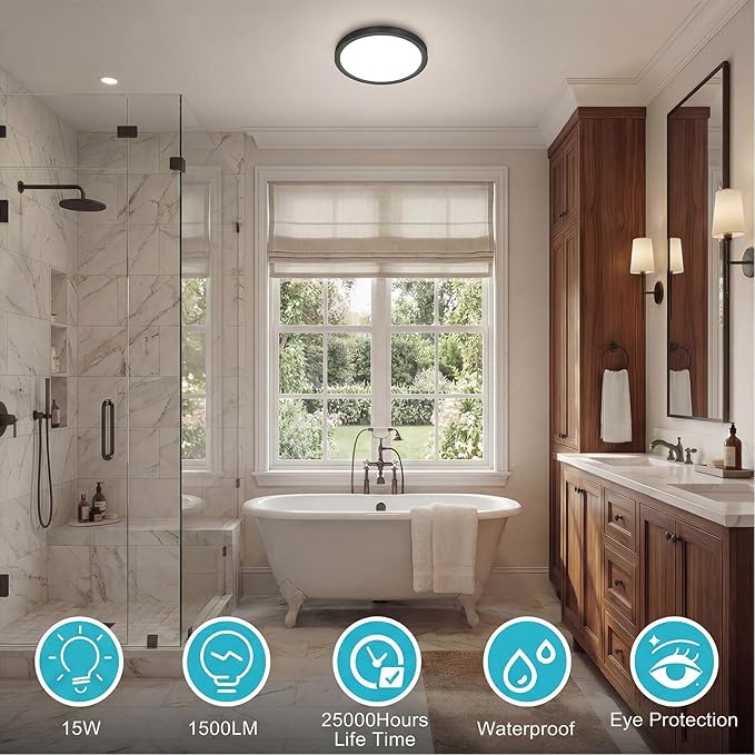 libtit 7 inch Flush Mount LED Ceiling Light Fixture, 3000K-6500K Adjustable, 15W 1500lm Black Satin Round Ceiling Lamp for Bathroom Hallway Kitchen Bedroom, 2 Pack