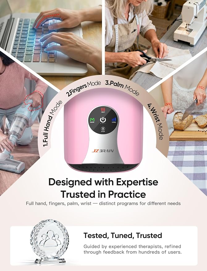 JZBRAIN Hand Massager with Heat and Compression : Cordless Heated Hand and Wrist Massager for Palm, Fingers, and Comfort Relief – 4 Modes 6 Intensities, Portable Rechargeable, Wife Husband (Pink)