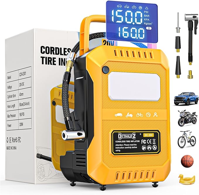 DIYtoolifz Tire Inflator Portable Air Compressor Compatible with Dewalt 20V Battery, 160PSI Air Pump with Dual Digital Screen, Auto Shut-Off, 5X Faster Inflation & Deflation for Car, Motor (Tool Only)