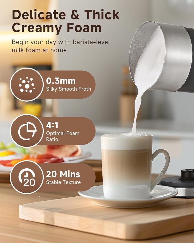 IPX6 Waterproof Milk Frother, Electric 4-in-1 Latte Maker | 80s Foam & 220s Heat | One-Touch Hot/Cold Foam for Cappuccino, Coffee | Easy Clean Milk Steamer for Home & Office Grey