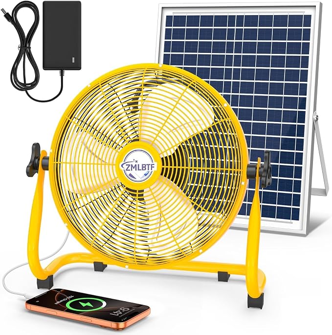 14" Solar Powered Fan with 20W Solar Panel & Rechargeable Battery, Portable, Quiet 12 Speed, 360° Tilt Head for Outside, Camping, Travel, Greenhouse, Chicken Coop, Patio, gazebo (Yellow)