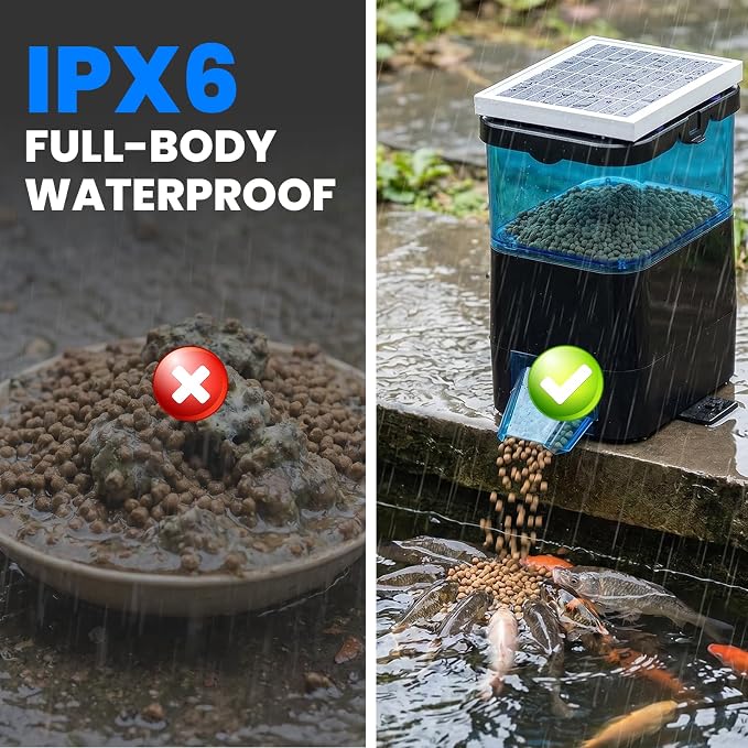 NEWTRY Automatic Pond Fish Feeder, 2.8L Solar Powered Auto Fish Feeder for Pond, Battery & AC Power, Programmable Auto Timer Automatic Dispenser for Vacation, Indoor & Outdoor