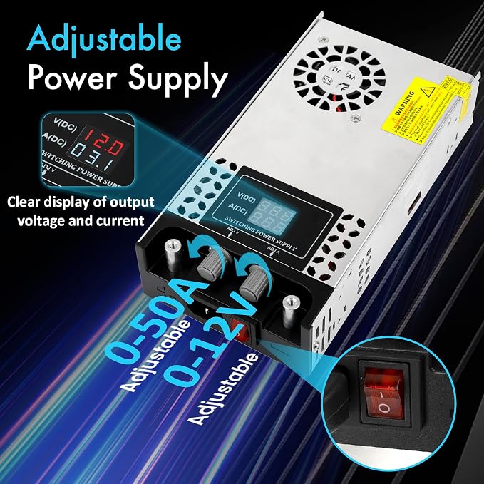 Adjustable 0-12V Power Supply 50A 600W, 110V AC to DC 0-12V Buck Converter 0-50A 600W Switching Power Supply with LCD Display Adjustable Voltage Current 12V 50A Transformer SMPS