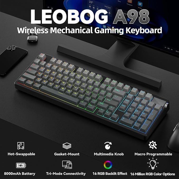 LEOBOG A98 Wireless Mechanical Keyboard, Tri-Mode BT5.0/2.4GHz/USB-C, Creamy Keyboard with Number Pad, Gasket Structure Hot Swappable, PBT Keycaps, RGB Backlit Black Gaming Keyboard with Knob for PC