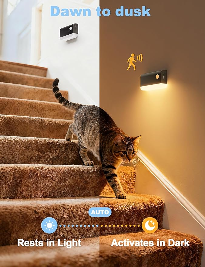 VOLISUN Motion Sensor Night Light, Rechargeable Stair Lights Indoor, Battery Operated Night Light for Hallway, Stairway, Bathroom, Bedroom, Kitchen, 3 Modes & 3 Color Temperatures(8 Pack Black)
