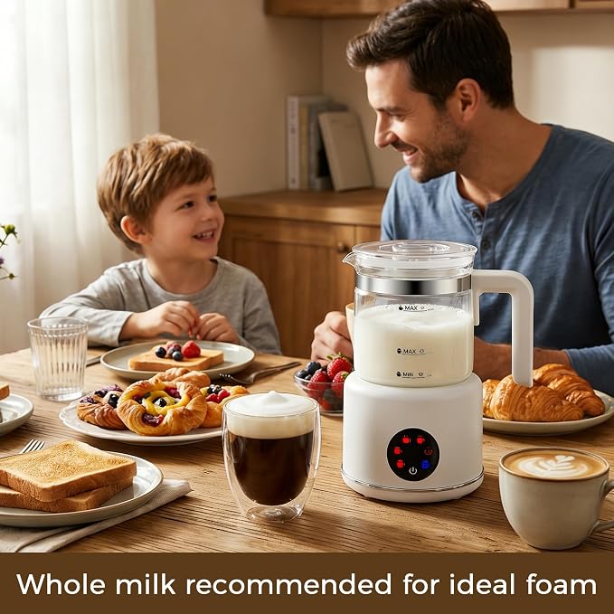 Milk Frother and Steamer, 6 in 1 Milk Steamer and Milk Warmer, 17oz Auto Shut Off Electric Frother with Touch Screen, Hot/Cold Foam Maker for Coffee, Latte, Cappuccino, Hot Chocolate,White