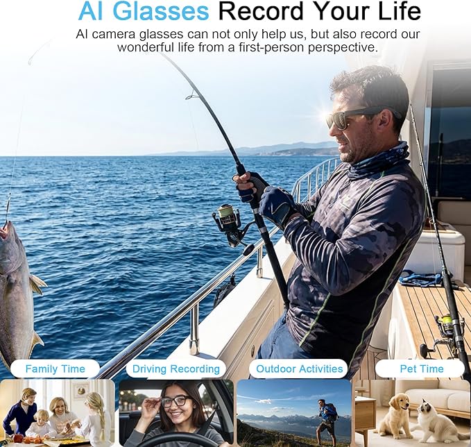Ai Smart Glasses with Camera,8MP HD 1080P Camera Glasses for Men Women,Video Recording Glasses with Audio, Translation Sunglasses,Voice Assistant, Open-Ear Audio for Travel, Meetings & Vlogging