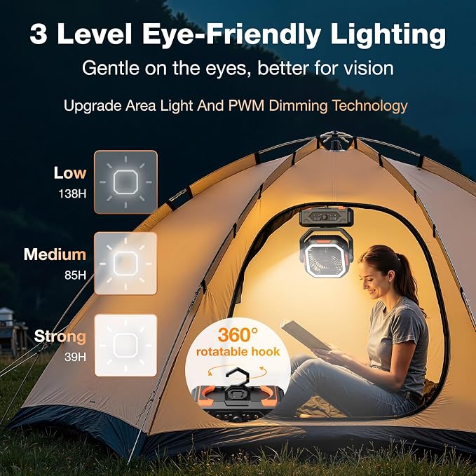 OGERY Camping Fan, Portable Fan Rechargeable with 20000mAh Battery, Stepless Speed Control, Fast Charging, Remote & LED Lantern for Tent, Travel, Car Camping, Camping Essentials