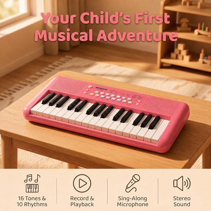 LeeQee 32 Keys Kids Keyboard Piano with Microphone, Double Speakers Toddler Piano Toy for Boys Girls Age 3-6, Portable Educational Musical Instrument, Birthday Gifts (Strawberry Red)