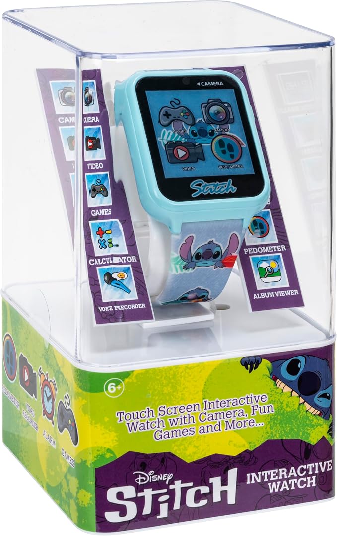 Disney Stitch Kids Smart Watch with 10 Customizable Faces, Camera, Voice Recorder, Calculator, and Step Counter – Touchscreen Interactive Watch for Kids – Blue Silicone Strap