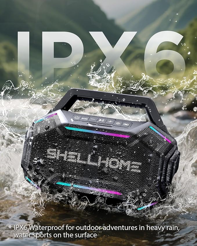 ShellHome Bluetooth 6.0 Speakers Outdoor, 80W(Peak) Loud Speaker with Bass, 30H Playtime, IPX6 Waterproof, RGB Lights, BassUp 2.0, TWS, Portable Large Jobsite Speakers for Party, Garage