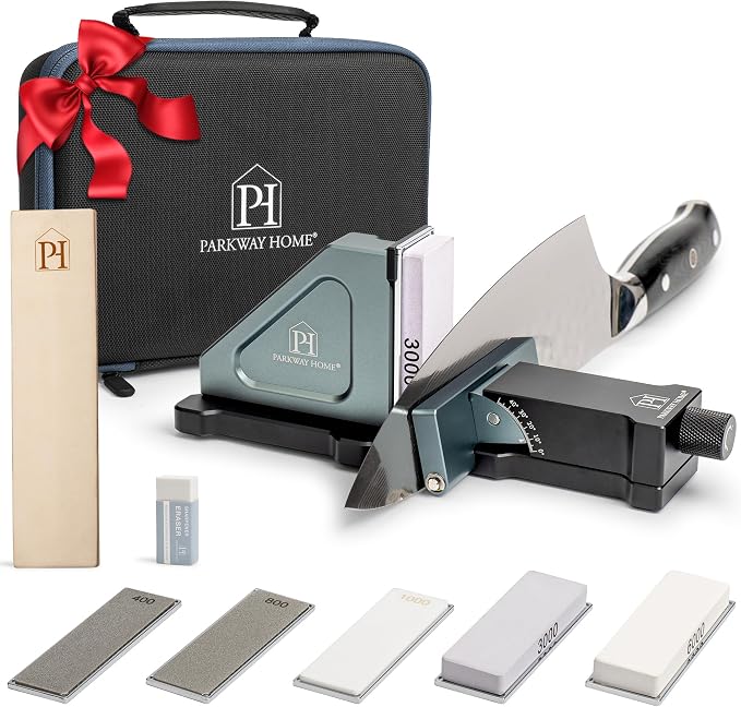 PATENTED ORIGINAL ADJUSTABLE ROLLING KNIFE SHARPENER KIT: Adjustable Height, 30 Angle Options, 5 Removeable Whetstone Plates, Leather Strop with Travel Case - Kitchen Knife Sharpener