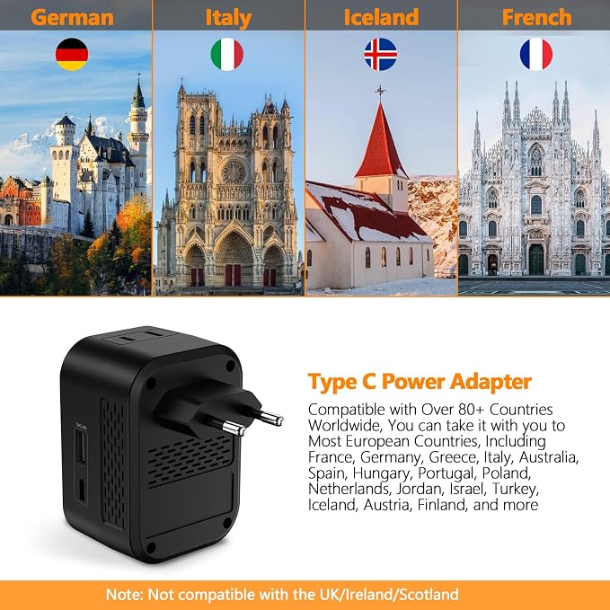 220V to 110V 20W PD Voltage Converter US to Europe International Universal Travel Adapter with 2 USB A 2 Type-C Port Worldwide Power Converters Plug Combo for Spain Italy (Black)-NB