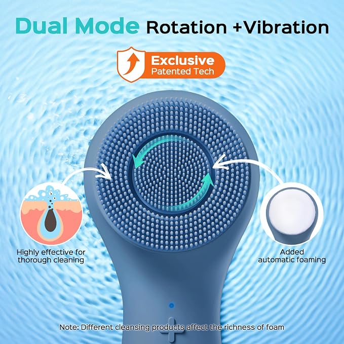 COSLUS FBS03 Face Scrubber Facial Cleansing Brush: 2 in 1 Spin and Vibration Patented, Silicone Electric Exfoliator Scrubber with Automatic Foaming, Waterproof Face Cleanser Brush (Navy Blue)