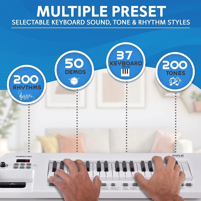 Pyle, Portable Digital Electronic Keyboard Piano 37 Keys with Microphone & Carry Strap, Built-in Sustain Controller, Rechargeable Battery-Karaoke Keyboard Compact Musical Keytar White