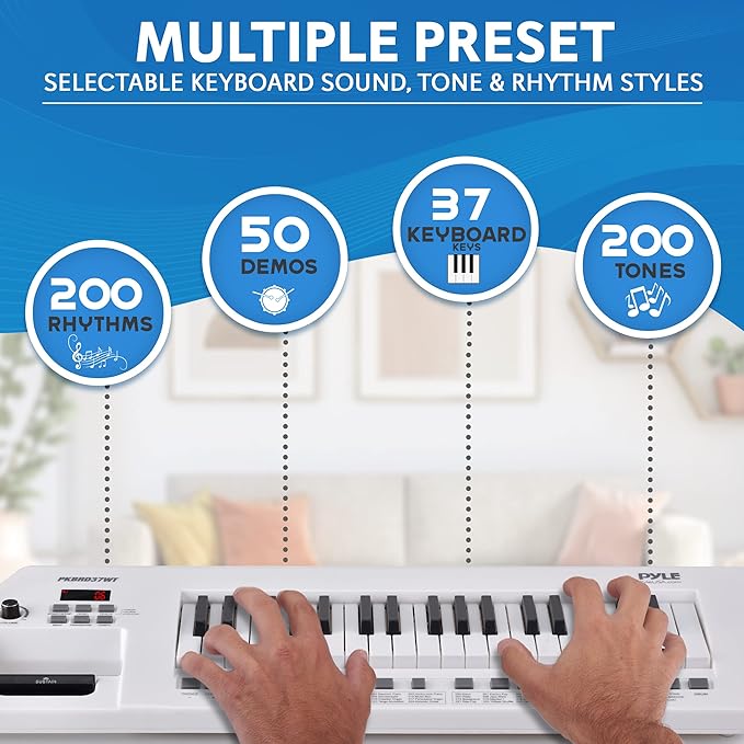 Pyle 37 Key Portable Piano Keyboard, Compact Electronic Piano with Built-in Speakers, Wired Mic, Rechargeable Battery & Strap, Digital Musical Keyboard for Beginners, Travel, and Karaoke Fun