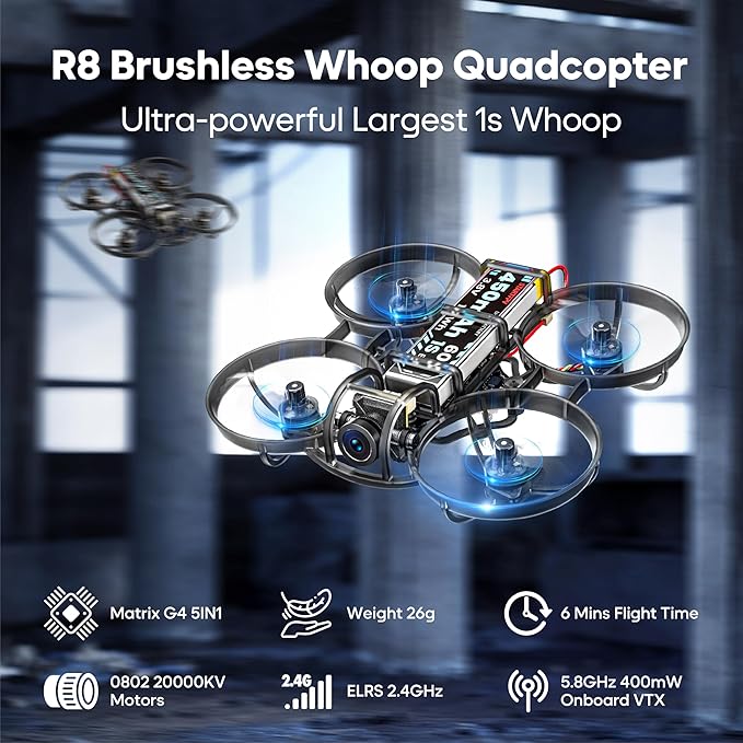 R8 ELRS Brushless Whoop Quadcopter, Ultralight 1S 80mm Micro FPV Drone BNF with 6 Port Battery Charger,2 Batteries Fly12 Mins for FPV Freestyle Racing Indoor Outdoor,FOV160°,Matrix G4 5IN1 FC,0802 20000KV Motor