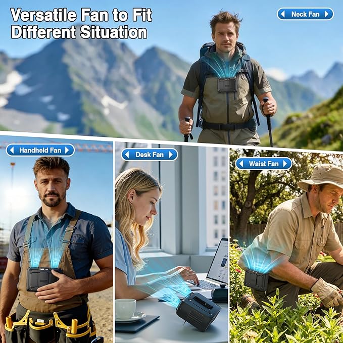 XZK 20000mAh Portable Waist Fan, 4-in-1 Dual-Motor Personal Rechargeable Fan, 22000RPM 10 Speeds Clip-on Wearable Belt & Hands-Free Neck Fan for World Cup, Camping, Travel, Jobsite, Outdoor - Black
