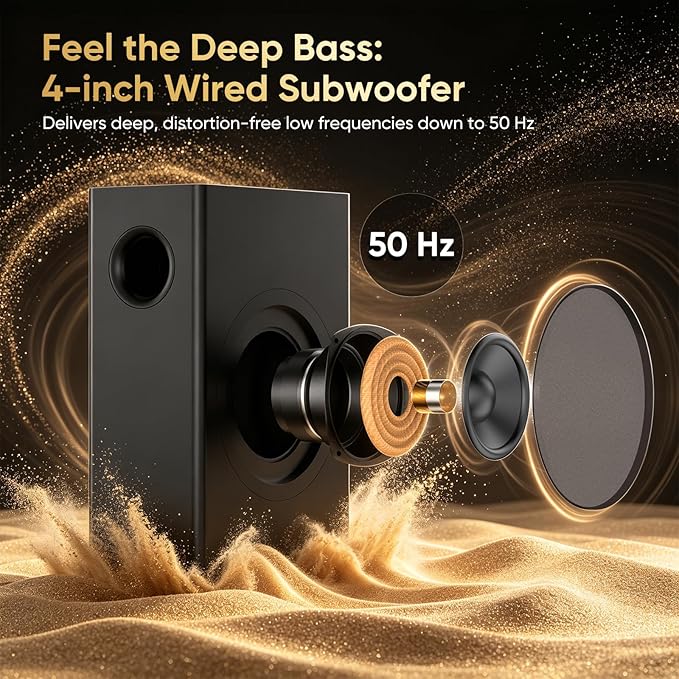 70W Sound bar with Subwoofer for TV, Compact 14.2" 2.1 Channel SoundBar with Deep Bass, Bluetooth 5.3, Optical/AUX, Home Theater Speaker System for Smart TV, PC & Gaming