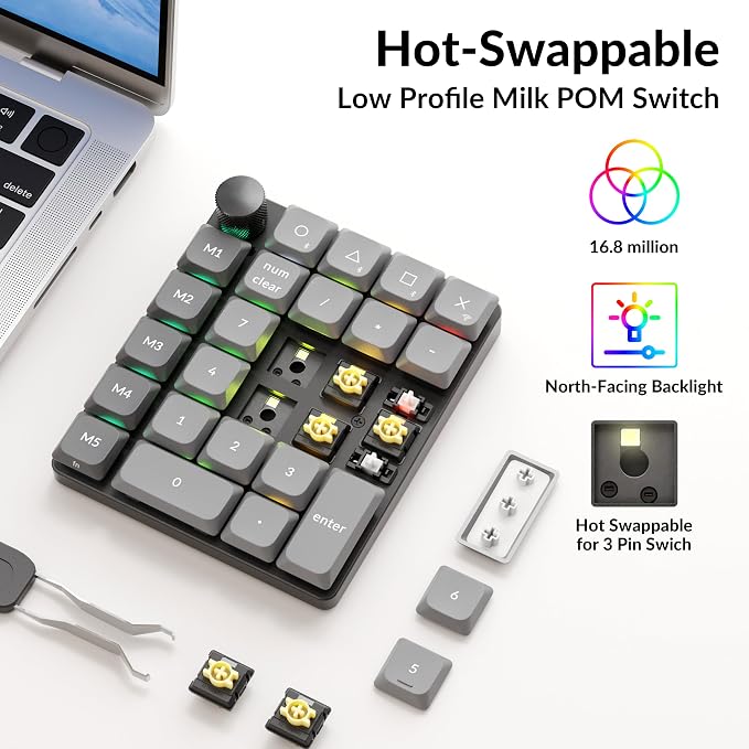 Keychron K0 Max Wireless Low-Profile Number Pad, QMK/VIA Programmable, Hot-Swappable Banana Switch, RGB Backlit, 2.4GHz & Bluetooth 5.3, 1000Hz Polling Rate, with Knob, for Windows/Mac