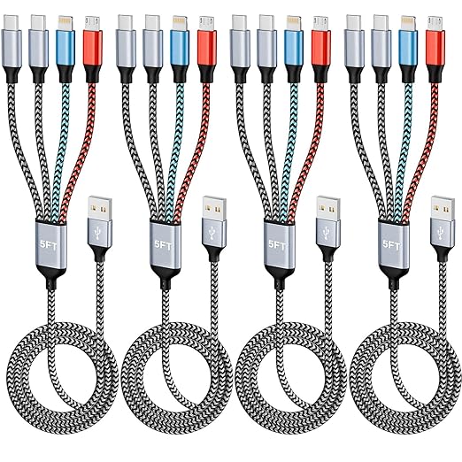 Dual Type-C Ports 4 IN 1 Multi Charging Cable Cord, USB to USB C Cable for Multiple Devices, Travel Vacation Essentials Phone Charger Cord with iPhone 17/IP/Micro for iPhone 17-11/Android(5FT 4Pack)