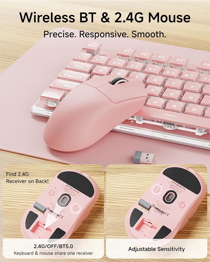 V3 Wireless Keyboard and Mouse Combo, Bluetooth/2.4G Rechargeable Light up Quiet Computer Wireless Keyboard and Mouse with White Backlit, Metal Panel-Pink