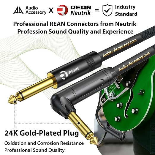 AA AUDIO ACCESSORY Pro Series Guitar Cable 25 ft, Gold-Plated Neutrik REAN Connector, 18 AWG 99.99% OFC, Low Capacitance Straight to Right Angle 1/4 Inch Instrument Cable for Fender Electric Guitar