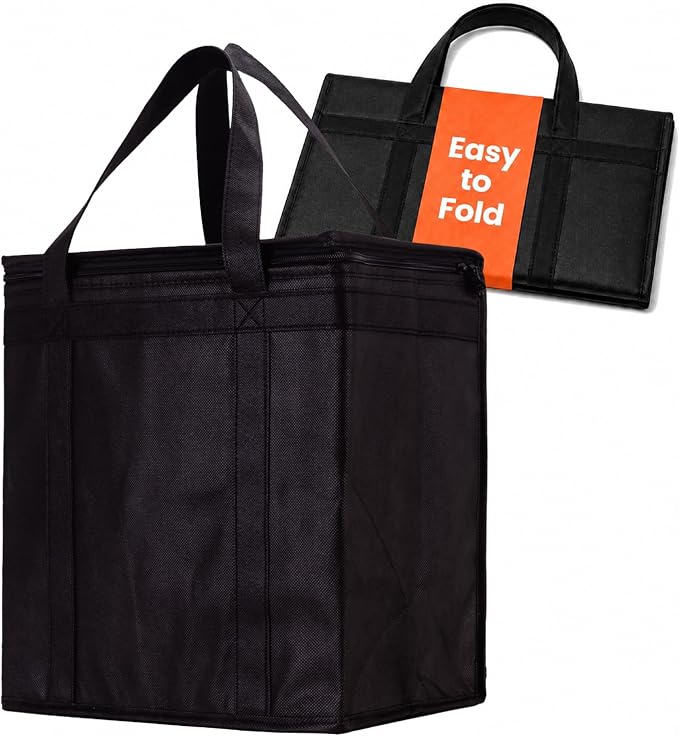 NZ home Insulated Bags for Food Delivery (Medium) Grocery Shopping Cooler Bag, Pizza Delivery, Hot & Cold Catering Tote, Reusable, Foldable & Heavy Duty (Black)