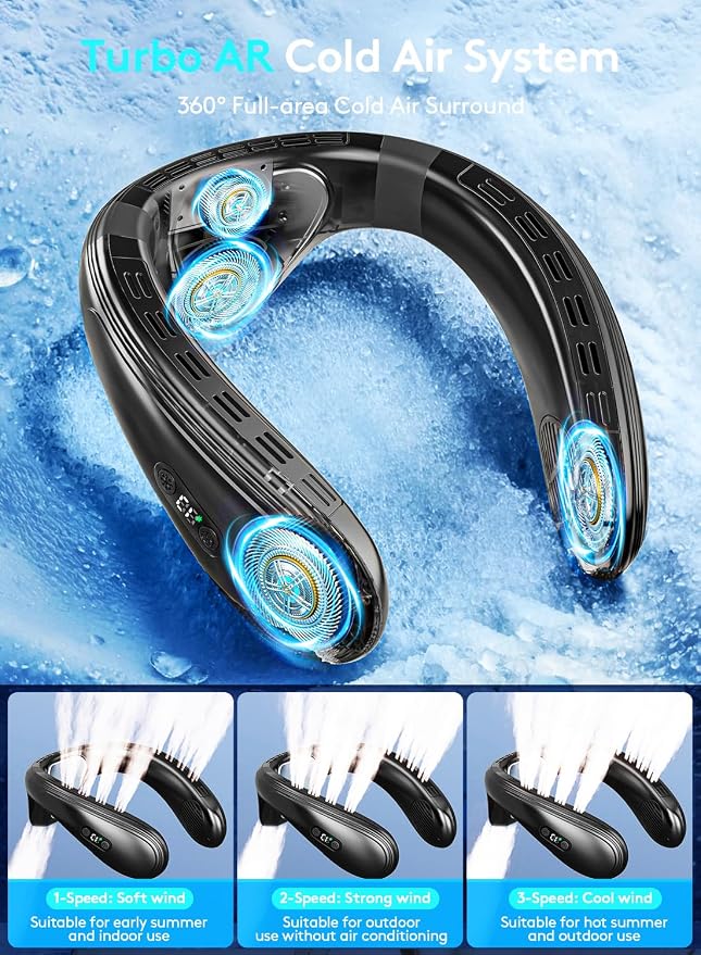 Neck Air Conditioner Portable, Neck Fan with Large Cooling Plate & NTC Control,Upward & Downward Back Airflow, 6000mAh Bladeless Wearable Fan for Outdoor, Travel, Office, Golf (Black)