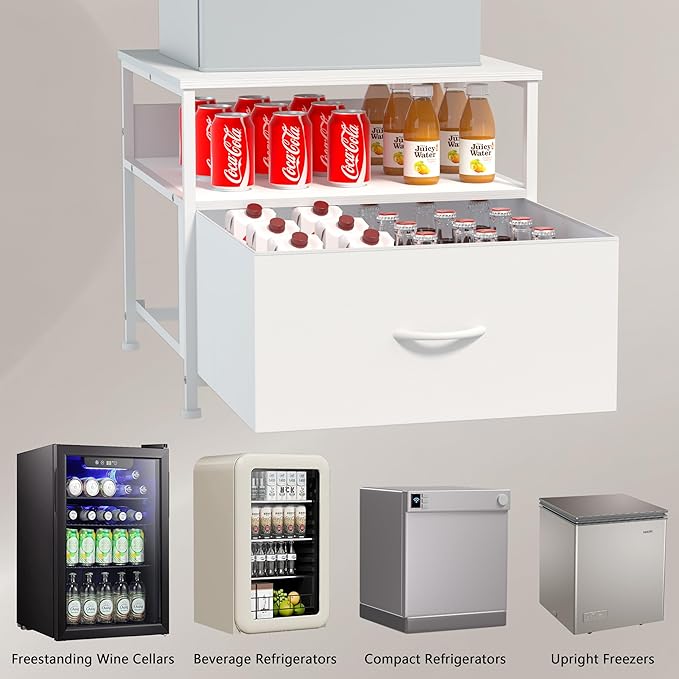 Unionly180 lb Mini Fridge Table with Drawer Fridge Shelf, Mini Fridge Cabinet with Storage,Heavy Duty Fridge Standwith Charging Station, 4 Adjustable Feet for Home Kitchen (White)
