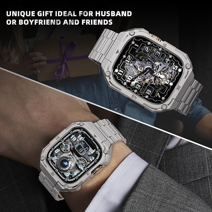Casual Stainless Steel Case with Band Compatiable for 49mm Apple Watch Ultra Bands for Men,Metal Apple Watch Bumper Case Cover with Strap for iWatch Band Ultra 3/2/1,Titanium
