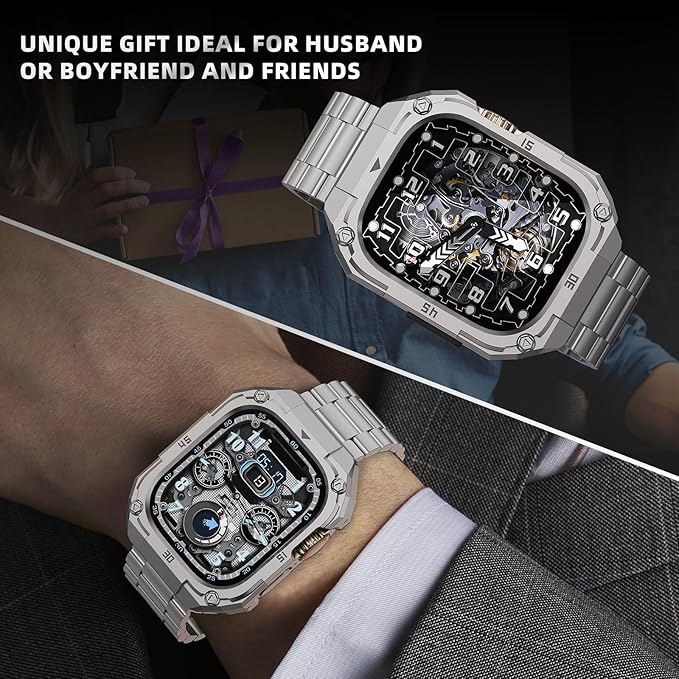 Casual Stainless Steel Watch Case with Band Compatible with Apple Watch Series 11 10 46mm Band for Men,Metal Protective Bumper Cover iwatch Band with Strap,Titanium