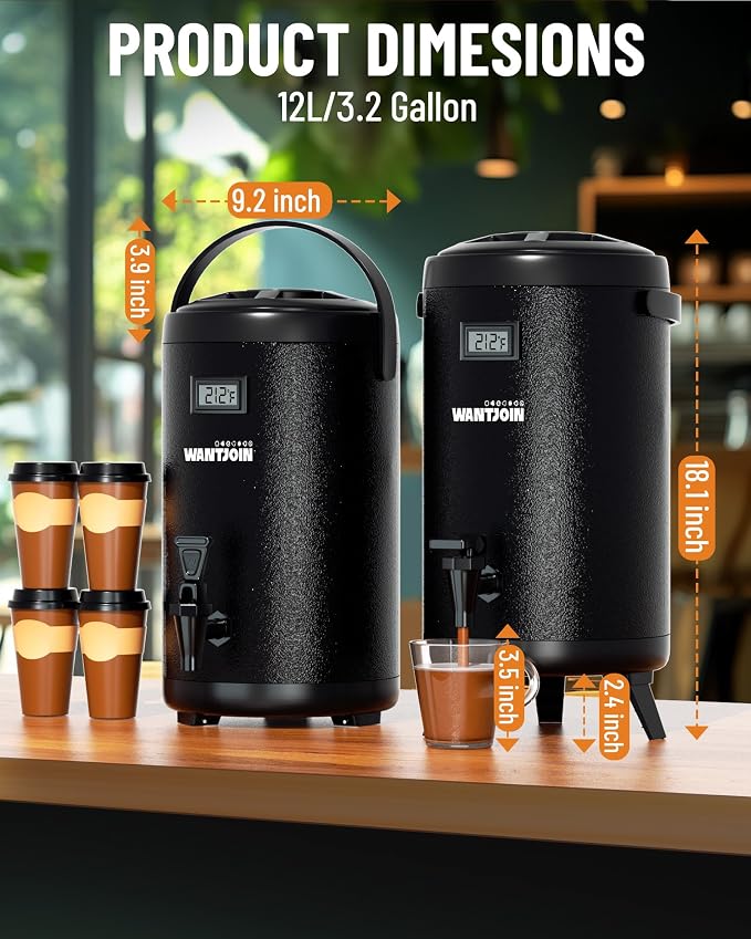 WantJoin Insulated Beverage Dispenser - 1-pack Thermal Hot and Cold Drink Dispenser with Spigot, Stainless Steel Premium 12 L/3.2 Gallon for Coffee & Hot tea,Cold Milk,Water,Juice (Black)